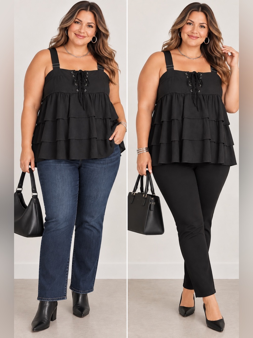 Thorn & Fable Black Woven Lace-Up Front Ruffle Camisole Tank Top Women Size 5